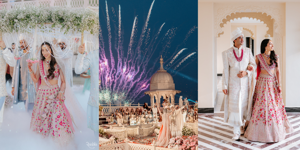 Royal destination wedding celebration in Udaipur with palace-inspired styling